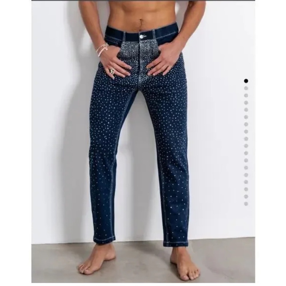 Orttu Ralph Jean Stones Jeans Med Rhinestone Blue $195 Casual Rave Party Holiday